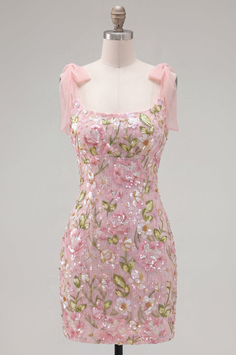 Load image into Gallery viewer, Tight Sparkly Short Beaded Pink Floral Birthday Party Dress with Bows