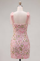 Load image into Gallery viewer, Tight Sparkly Short Beaded Pink Floral Birthday Party Dress with Bows