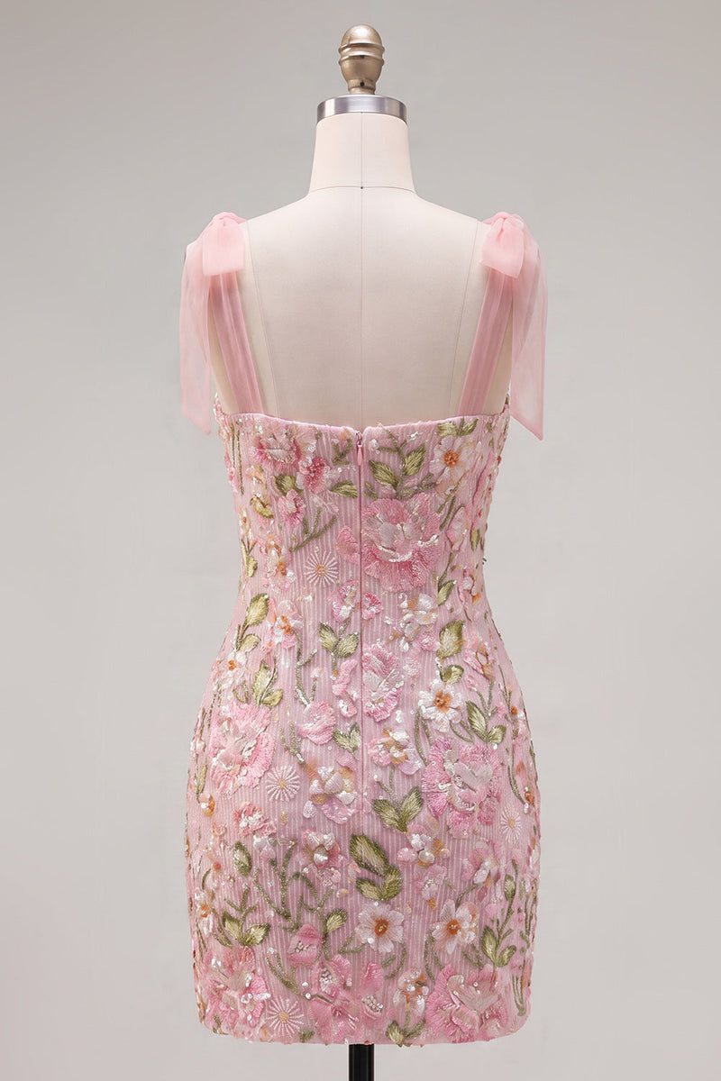 Load image into Gallery viewer, Tight Sparkly Short Beaded Pink Floral Birthday Party Dress with Bows