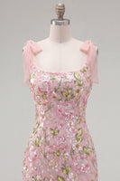 Load image into Gallery viewer, Tight Sparkly Short Beaded Pink Floral Birthday Party Dress with Bows