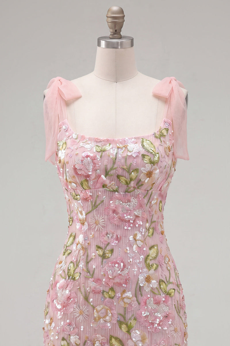 Load image into Gallery viewer, Tight Sparkly Short Beaded Pink Floral Birthday Party Dress with Bows