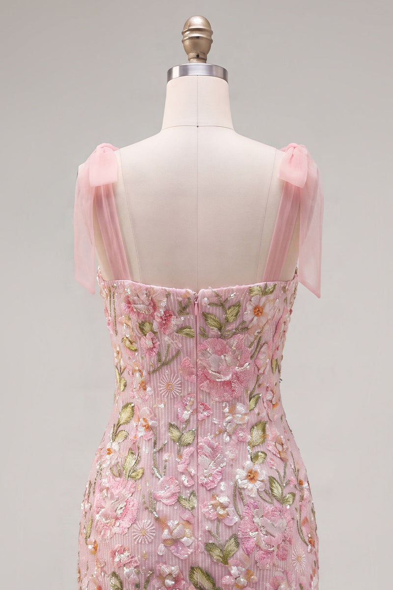 Load image into Gallery viewer, Tight Sparkly Short Beaded Pink Floral Birthday Party Dress with Bows