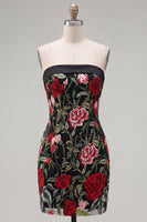Load image into Gallery viewer, Black Red Flower Strapless Tight Short Birthday Party Dress