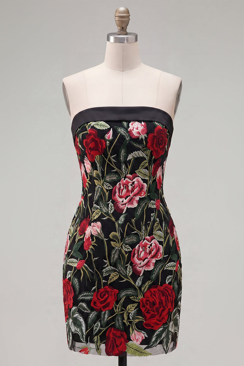 Load image into Gallery viewer, Black Red Flower Strapless Tight Short Birthday Party Dress