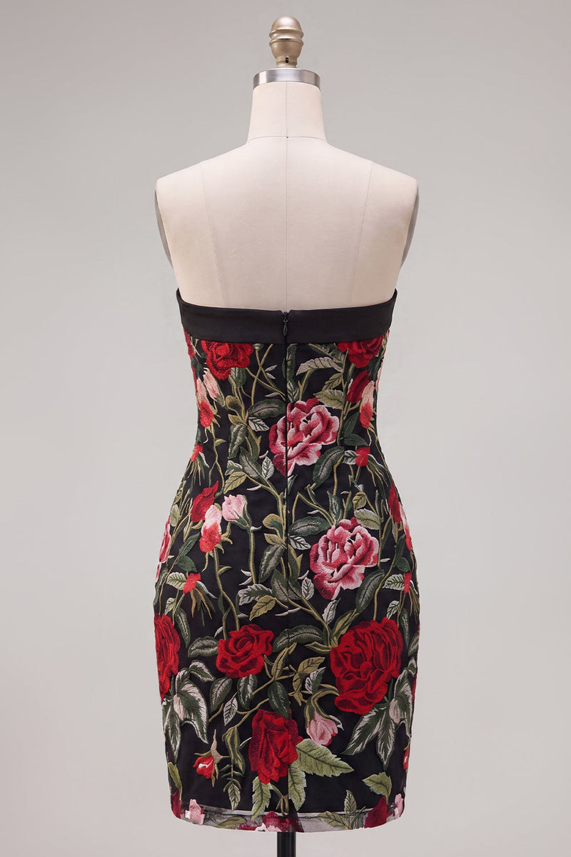 Load image into Gallery viewer, Black Red Flower Strapless Tight Short Birthday Party Dress