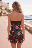 Load image into Gallery viewer, Black Red Flower Strapless Tight Short Birthday Party Dress