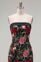 Load image into Gallery viewer, Black Red Flower Strapless Tight Short Birthday Party Dress