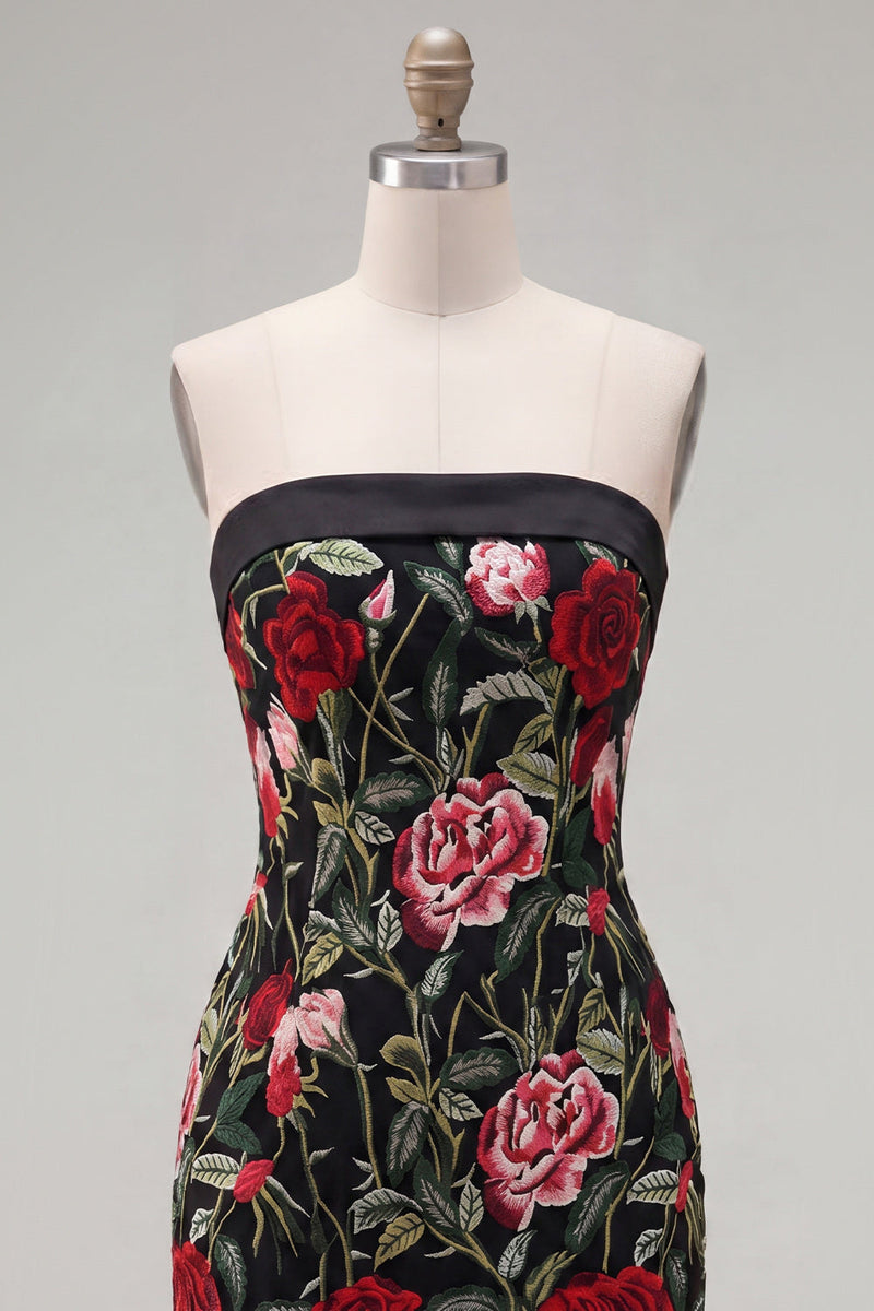 Load image into Gallery viewer, Black Red Flower Strapless Tight Short Birthday Party Dress