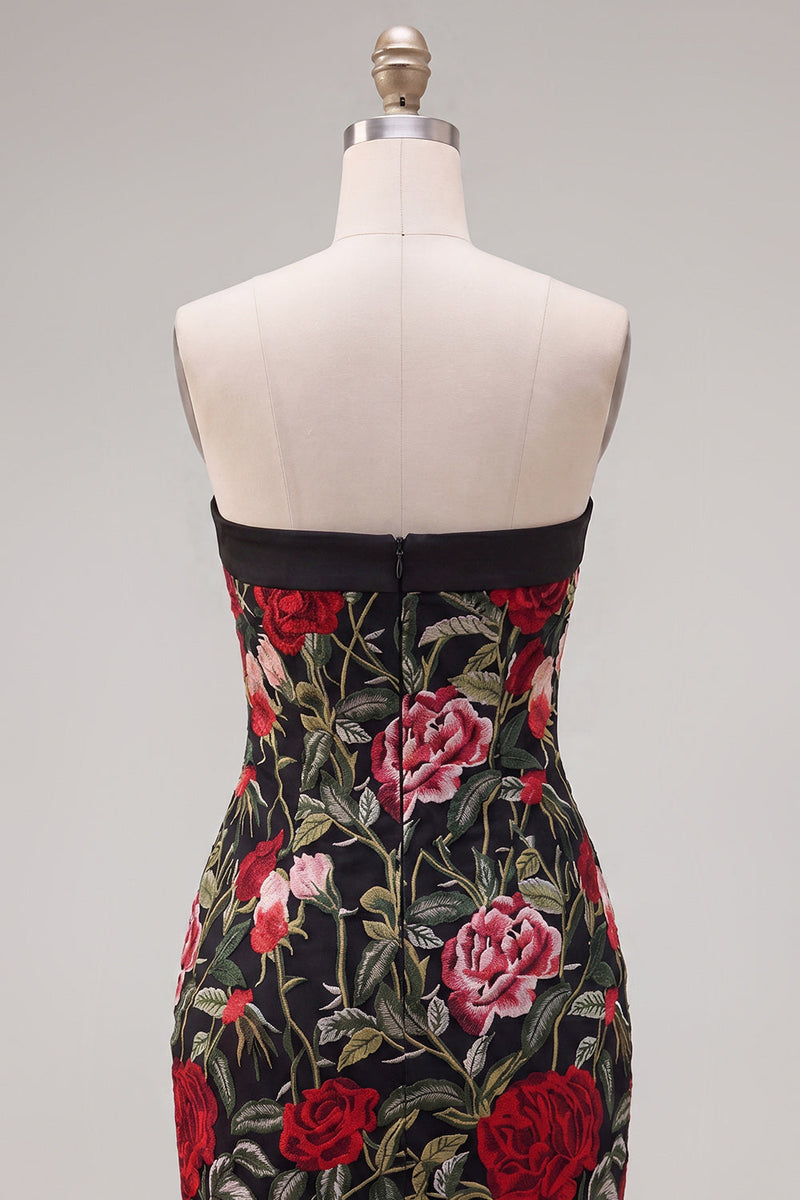 Load image into Gallery viewer, Black Red Flower Strapless Tight Short Birthday Party Dress