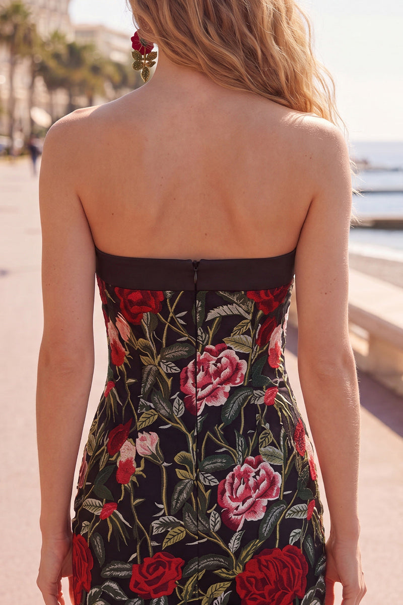 Load image into Gallery viewer, Black Red Flower Strapless Tight Short Birthday Party Dress
