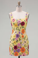 Load image into Gallery viewer, Butter Yellow Floral Short Square Neck Tight Birthday Party Dress