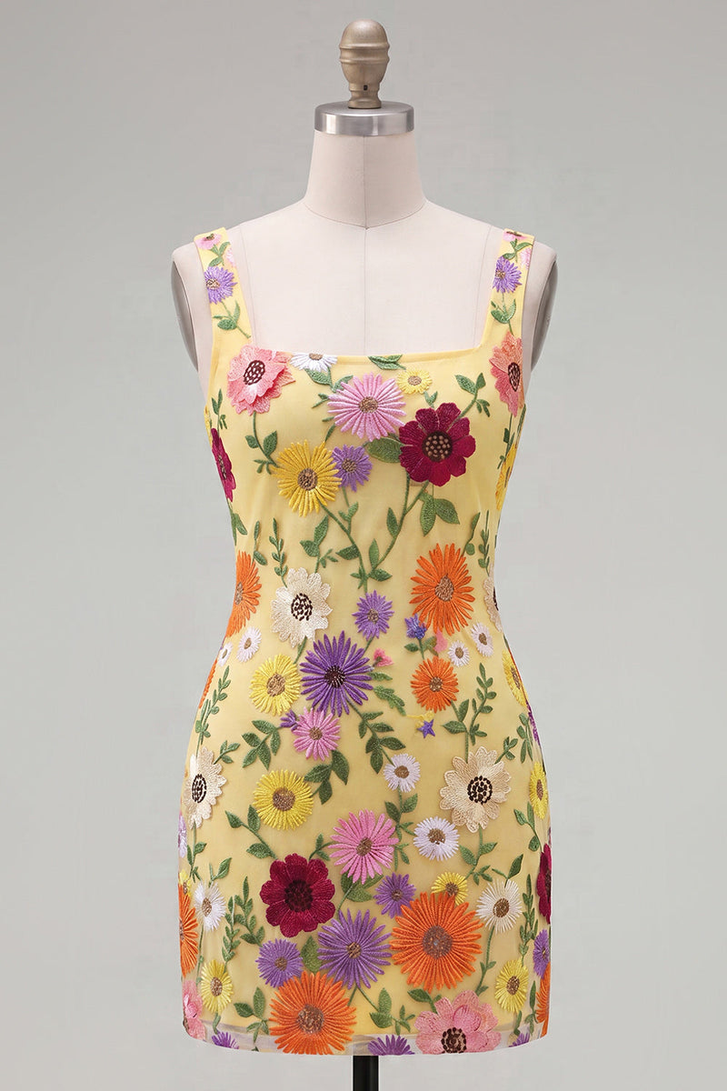 Load image into Gallery viewer, Butter Yellow Floral Short Square Neck Tight Birthday Party Dress