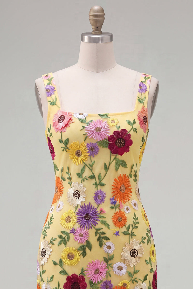 Load image into Gallery viewer, Butter Yellow Floral Short Square Neck Tight Birthday Party Dress