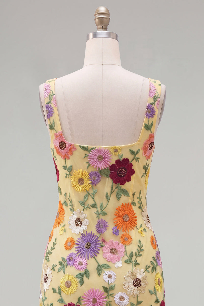 Load image into Gallery viewer, Butter Yellow Floral Short Square Neck Tight Birthday Party Dress