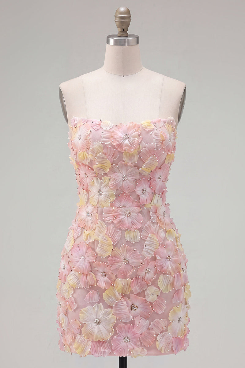 Load image into Gallery viewer, Sparkly Yellow Floral Beaded Tight Short Strapless Birthday Party Dress