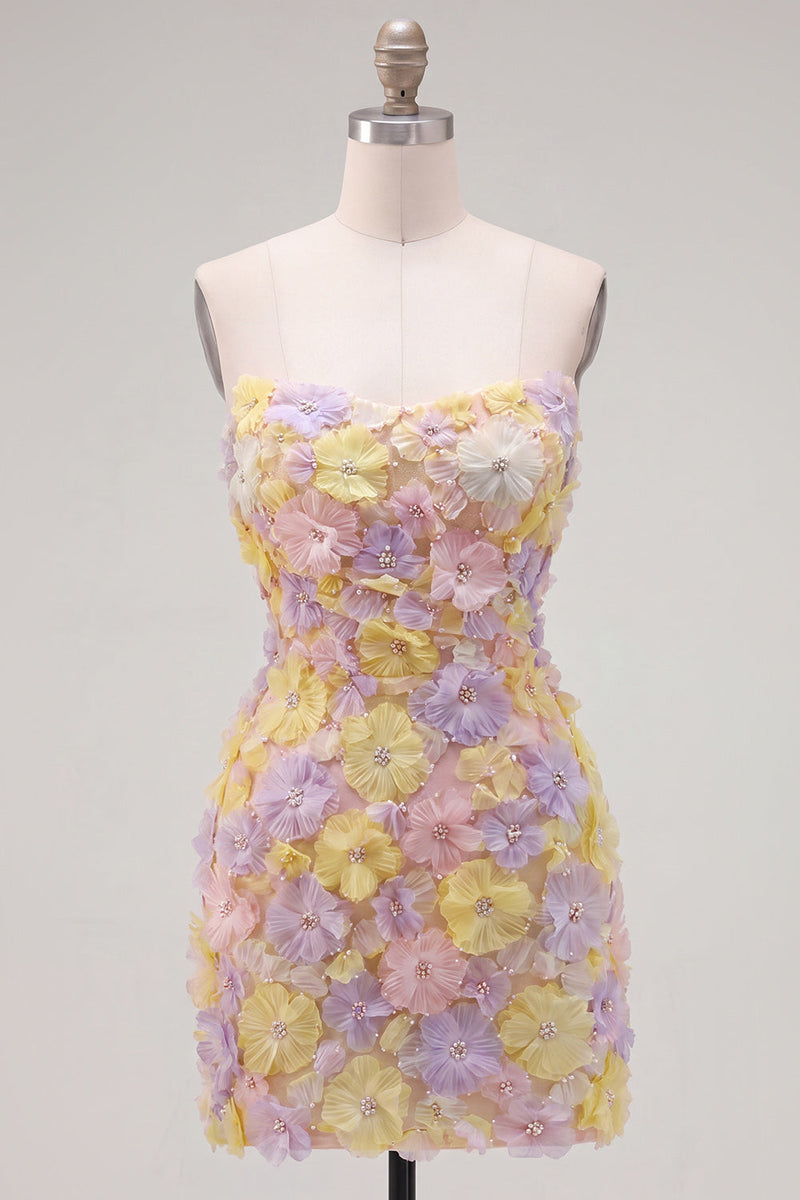 Load image into Gallery viewer, Sparkly Yellow Floral Beaded Tight Short Strapless Birthday Party Dress
