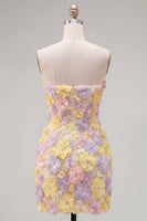 Load image into Gallery viewer, Sparkly Yellow Floral Beaded Tight Short Strapless Birthday Party Dress