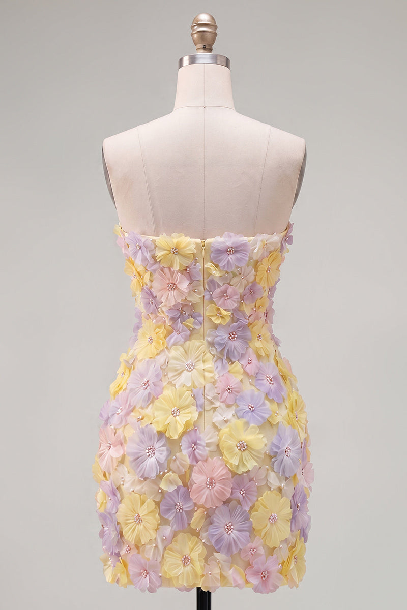 Load image into Gallery viewer, Sparkly Yellow Floral Beaded Tight Short Strapless Birthday Party Dress