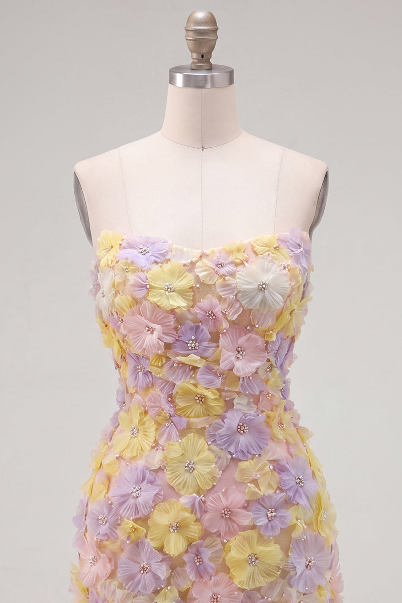 Load image into Gallery viewer, Sparkly Yellow Floral Beaded Tight Short Strapless Birthday Party Dress