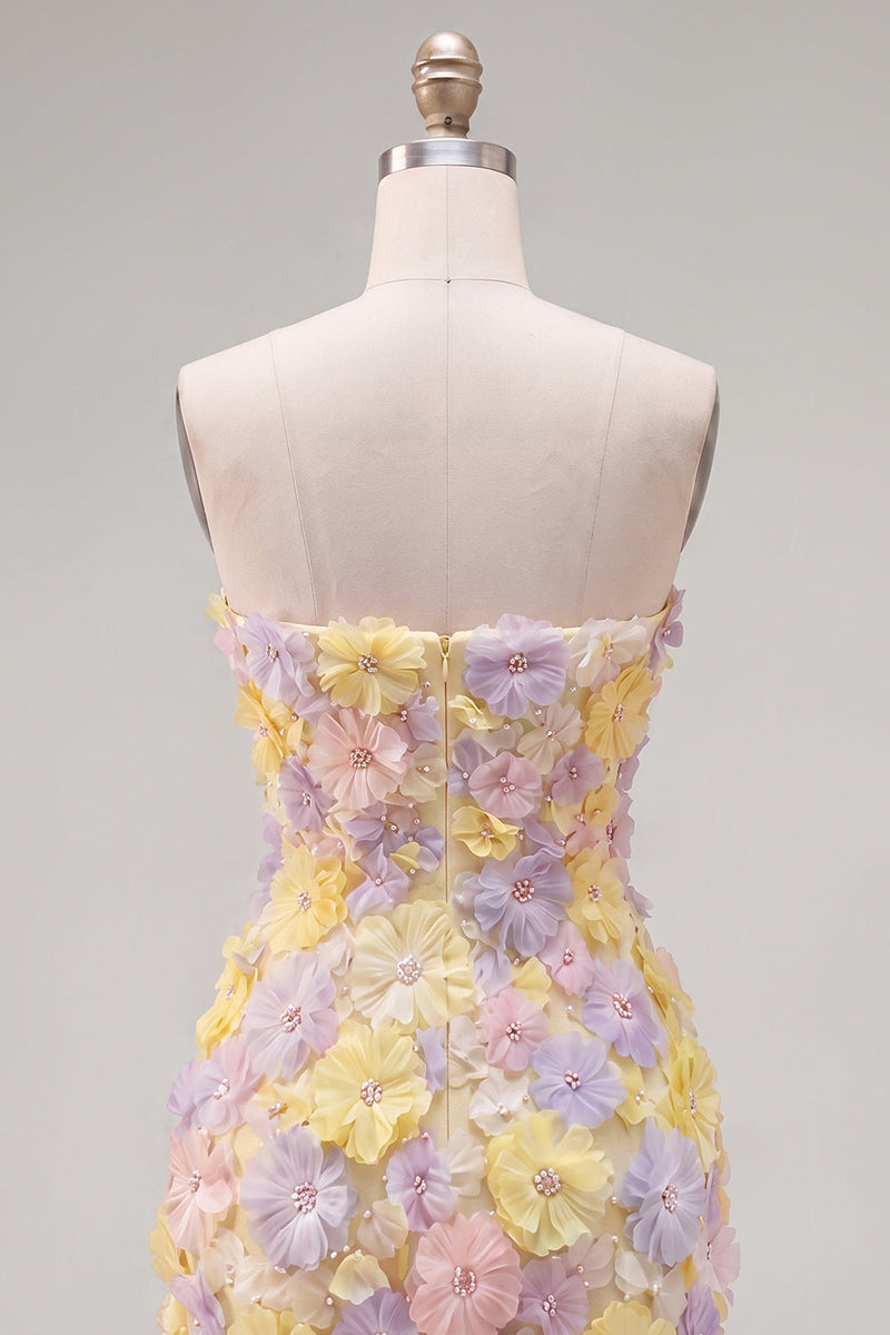 Load image into Gallery viewer, Sparkly Yellow Floral Beaded Tight Short Strapless Birthday Party Dress