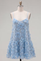 Load image into Gallery viewer, Sparkly Floral Blue A Line Short Spaghetti Straps Beaded Birthday Party Dress