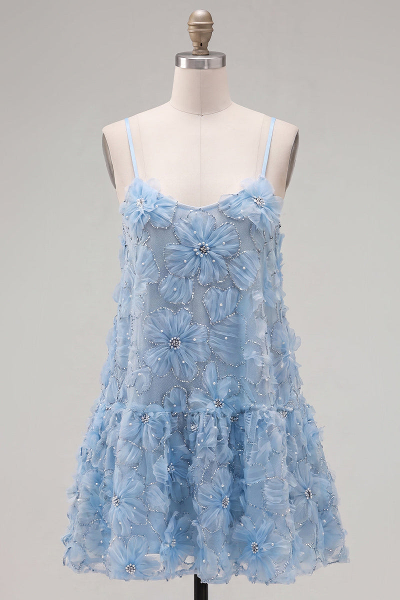 Load image into Gallery viewer, Sparkly Floral Blue A Line Short Spaghetti Straps Beaded Birthday Party Dress