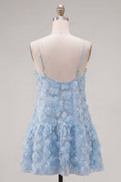 Load image into Gallery viewer, Sparkly Floral Blue A Line Short Spaghetti Straps Beaded Birthday Party Dress