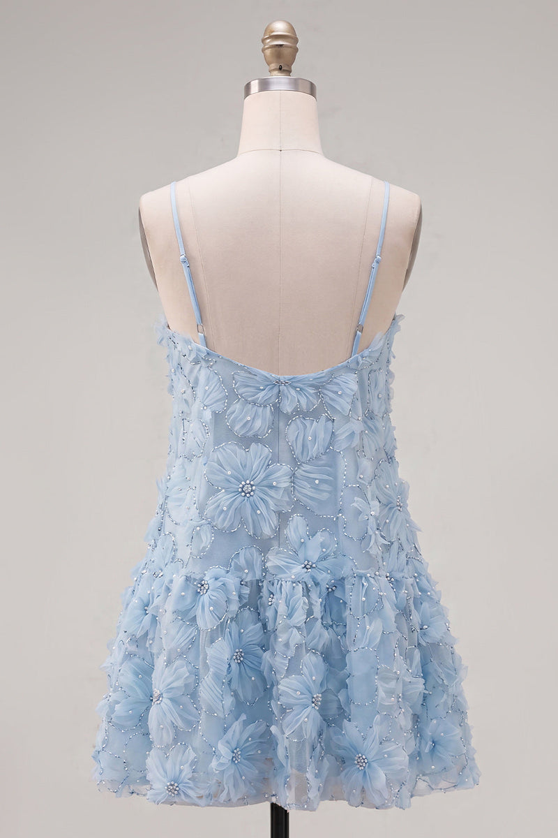 Load image into Gallery viewer, Sparkly Floral Blue A Line Short Spaghetti Straps Beaded Birthday Party Dress