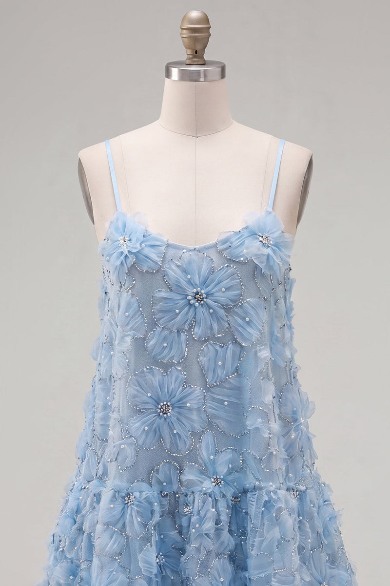Load image into Gallery viewer, Sparkly Floral Blue A Line Short Spaghetti Straps Beaded Birthday Party Dress