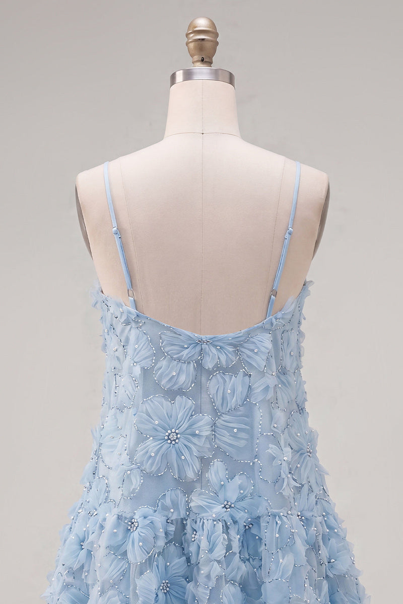 Load image into Gallery viewer, Sparkly Floral Blue A Line Short Spaghetti Straps Beaded Birthday Party Dress