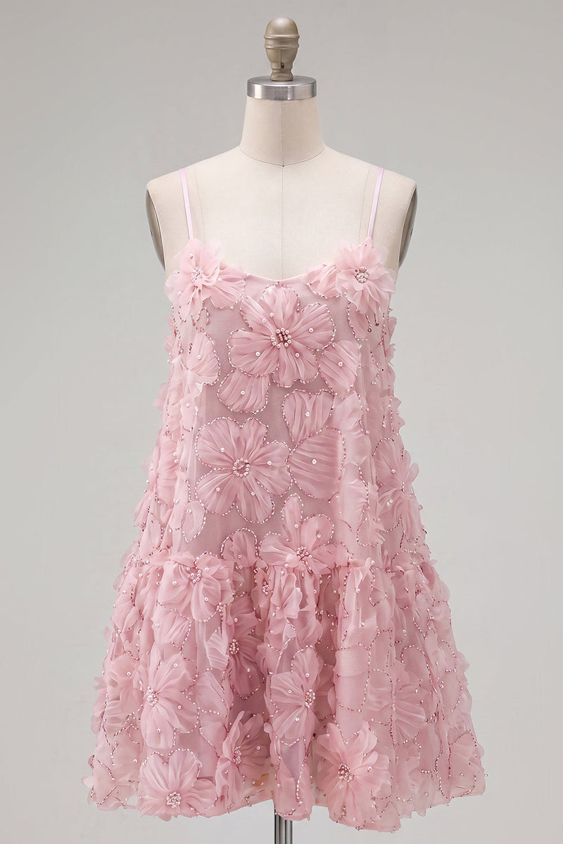 Load image into Gallery viewer, Sparkly Floral Blue A Line Short Spaghetti Straps Beaded Birthday Party Dress