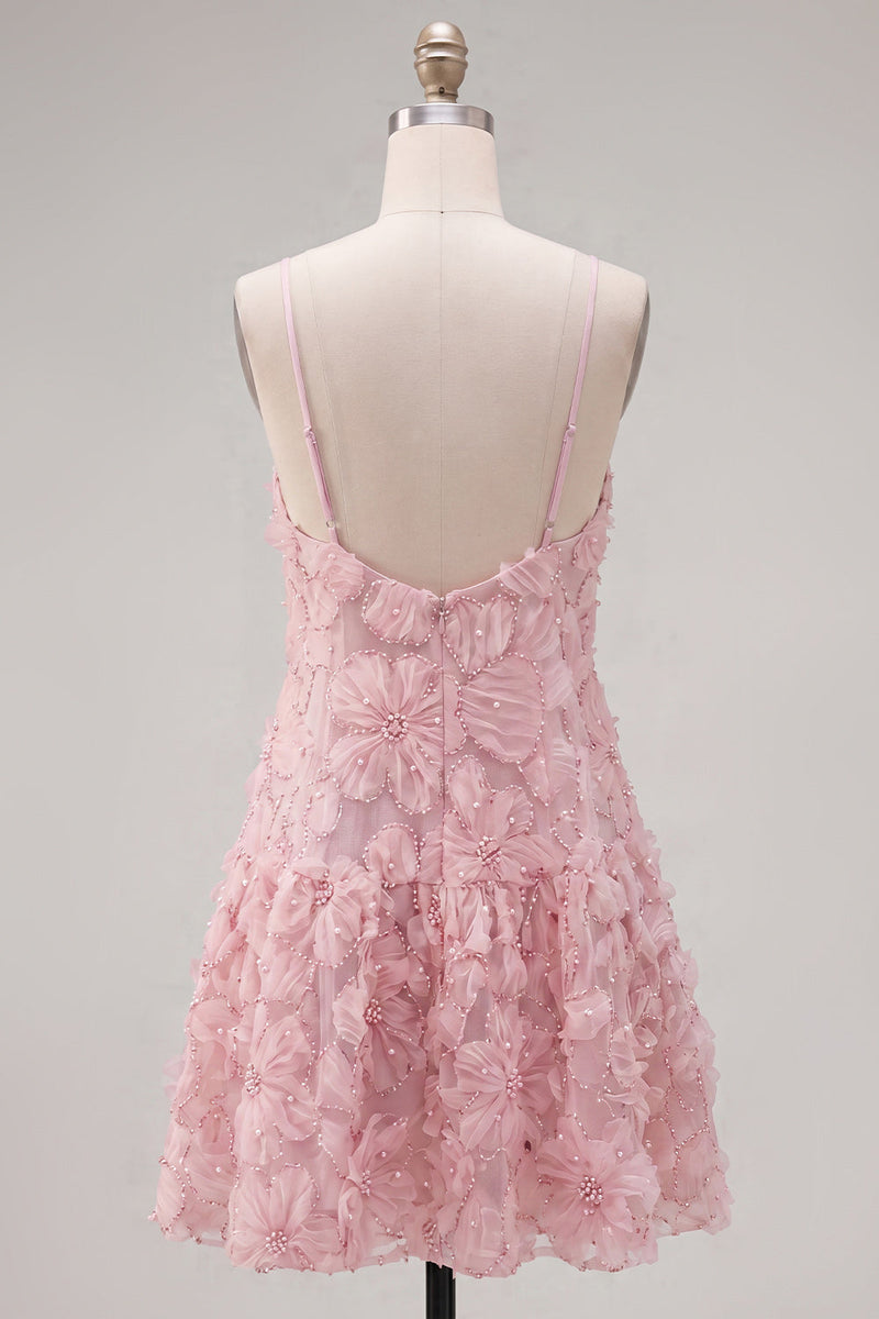 Load image into Gallery viewer, Sparkly Floral Blue A Line Short Spaghetti Straps Beaded Birthday Party Dress