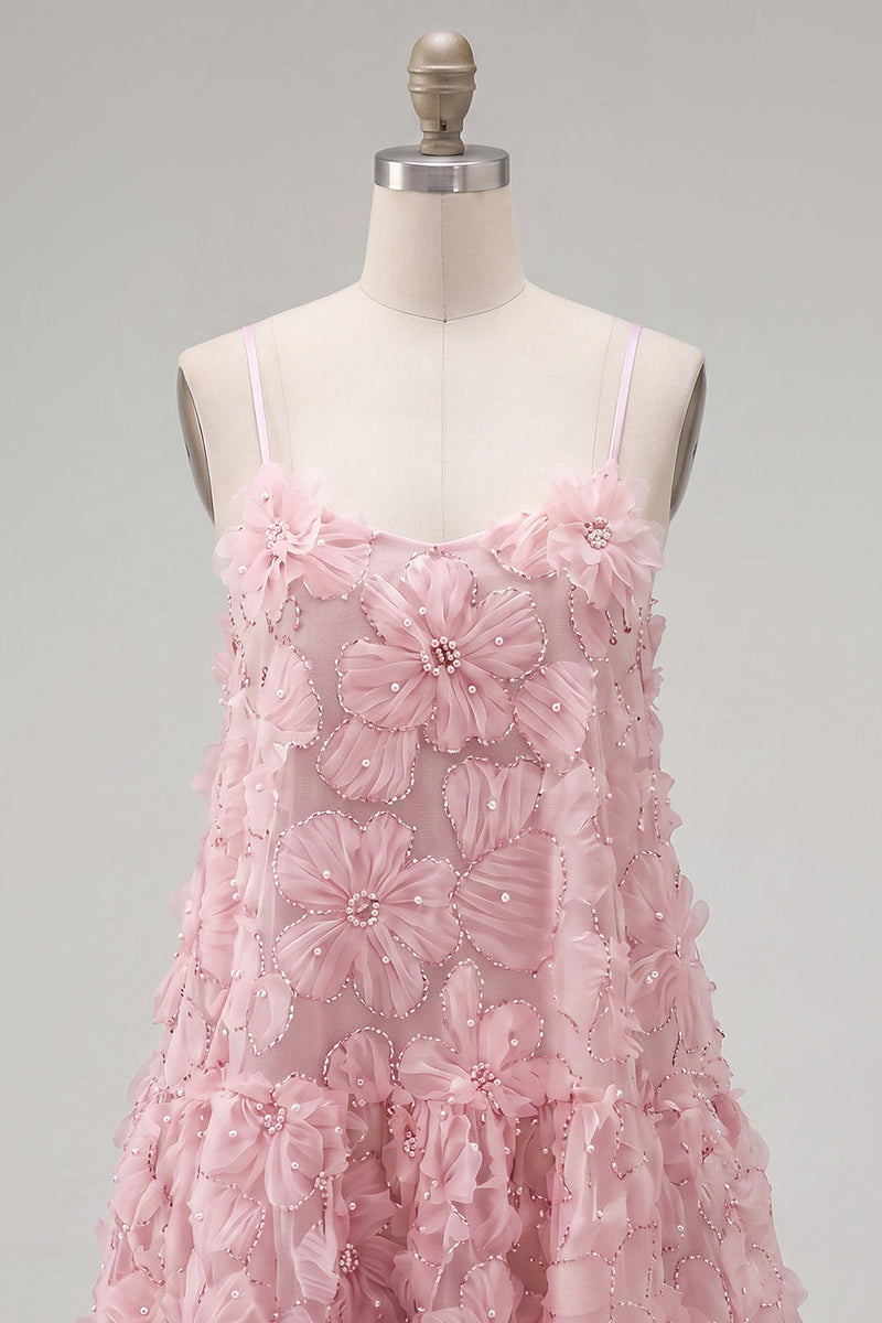 Load image into Gallery viewer, Sparkly Floral Blue A Line Short Spaghetti Straps Beaded Birthday Party Dress