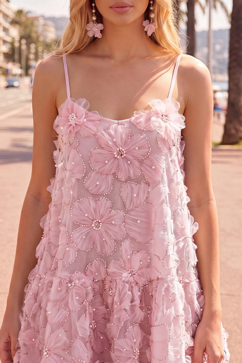 Load image into Gallery viewer, Sparkly Floral Blue A Line Short Spaghetti Straps Beaded Birthday Party Dress