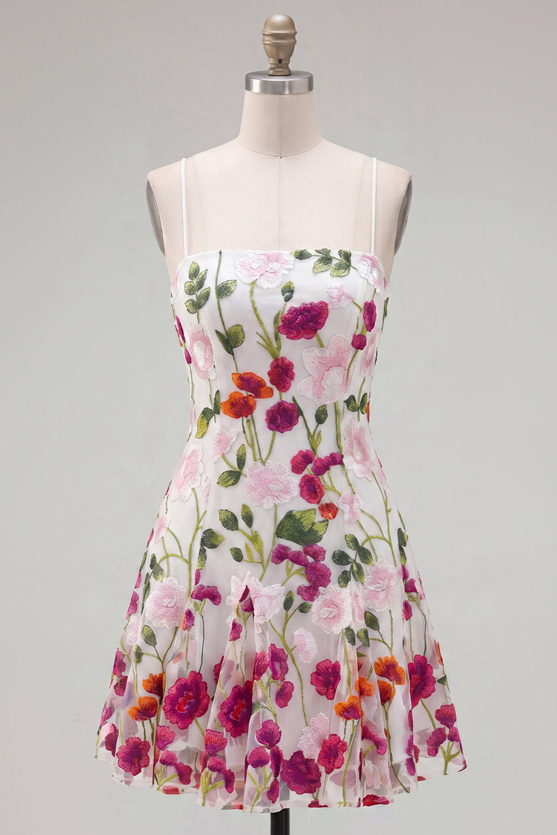 Load image into Gallery viewer, Pink Red Flower Spaghetti Straps A Line Short Birthday Party Dress