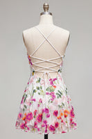 Load image into Gallery viewer, Pink Red Flower Spaghetti Straps A Line Short Birthday Party Dress