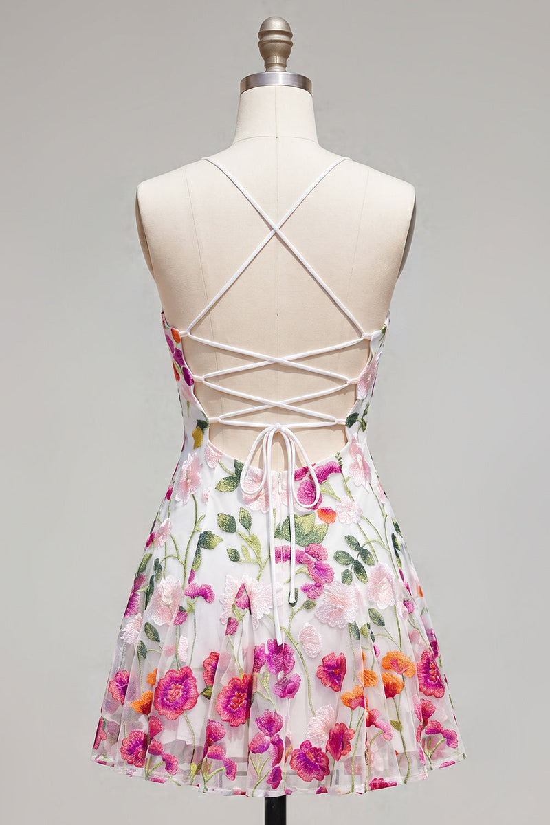 Load image into Gallery viewer, Pink Red Flower Spaghetti Straps A Line Short Birthday Party Dress