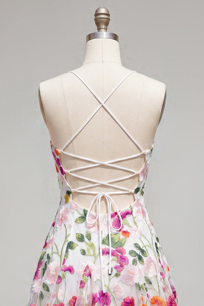 Load image into Gallery viewer, Pink Red Flower Spaghetti Straps A Line Short Birthday Party Dress