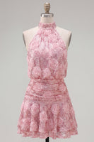 Load image into Gallery viewer, Sparkly Floral Pink Sequin Short A Line Birthday Party Dress with Ruffles