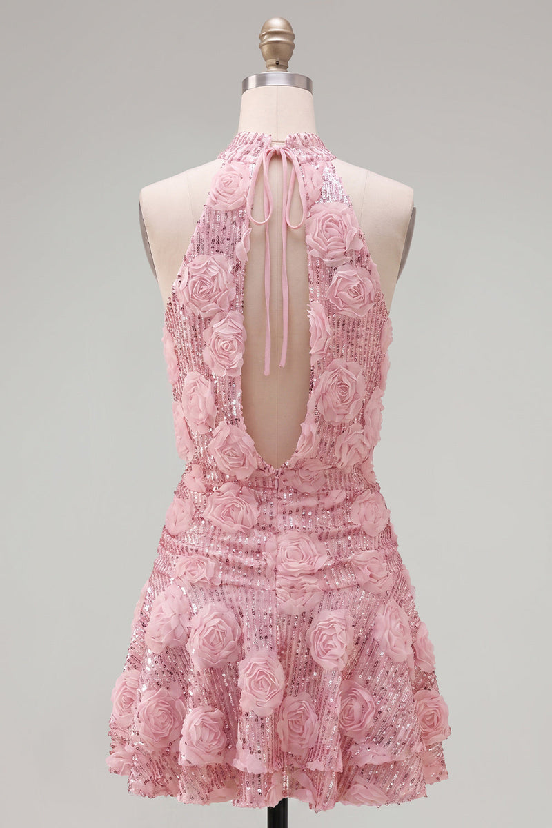 Load image into Gallery viewer, Sparkly Floral Pink Sequin Short A Line Birthday Party Dress with Ruffles