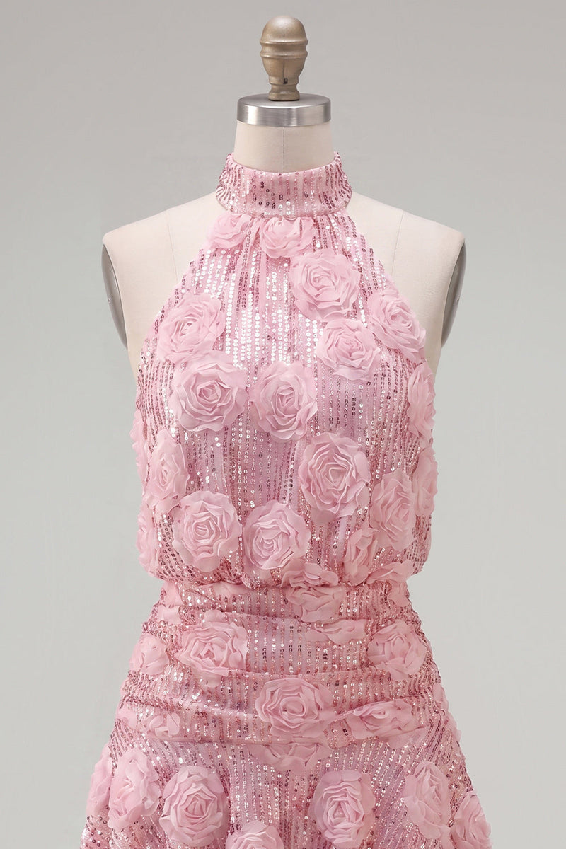Load image into Gallery viewer, Sparkly Floral Pink Sequin Short A Line Birthday Party Dress with Ruffles