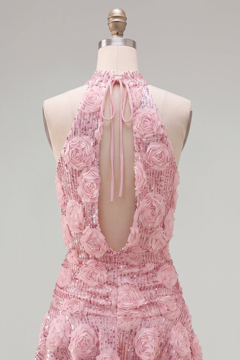 Load image into Gallery viewer, Sparkly Floral Pink Sequin Short A Line Birthday Party Dress with Ruffles