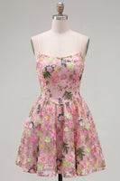 Load image into Gallery viewer, Floral Pink Short A Line Spaghetti Straps Birthday Party Dress with Pockets