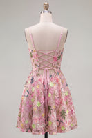 Load image into Gallery viewer, Floral Pink Short A Line Spaghetti Straps Birthday Party Dress with Pockets