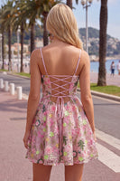 Load image into Gallery viewer, Floral Pink Short A Line Spaghetti Straps Birthday Party Dress with Pockets