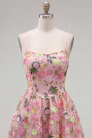 Load image into Gallery viewer, Floral Pink Short A Line Spaghetti Straps Birthday Party Dress with Pockets