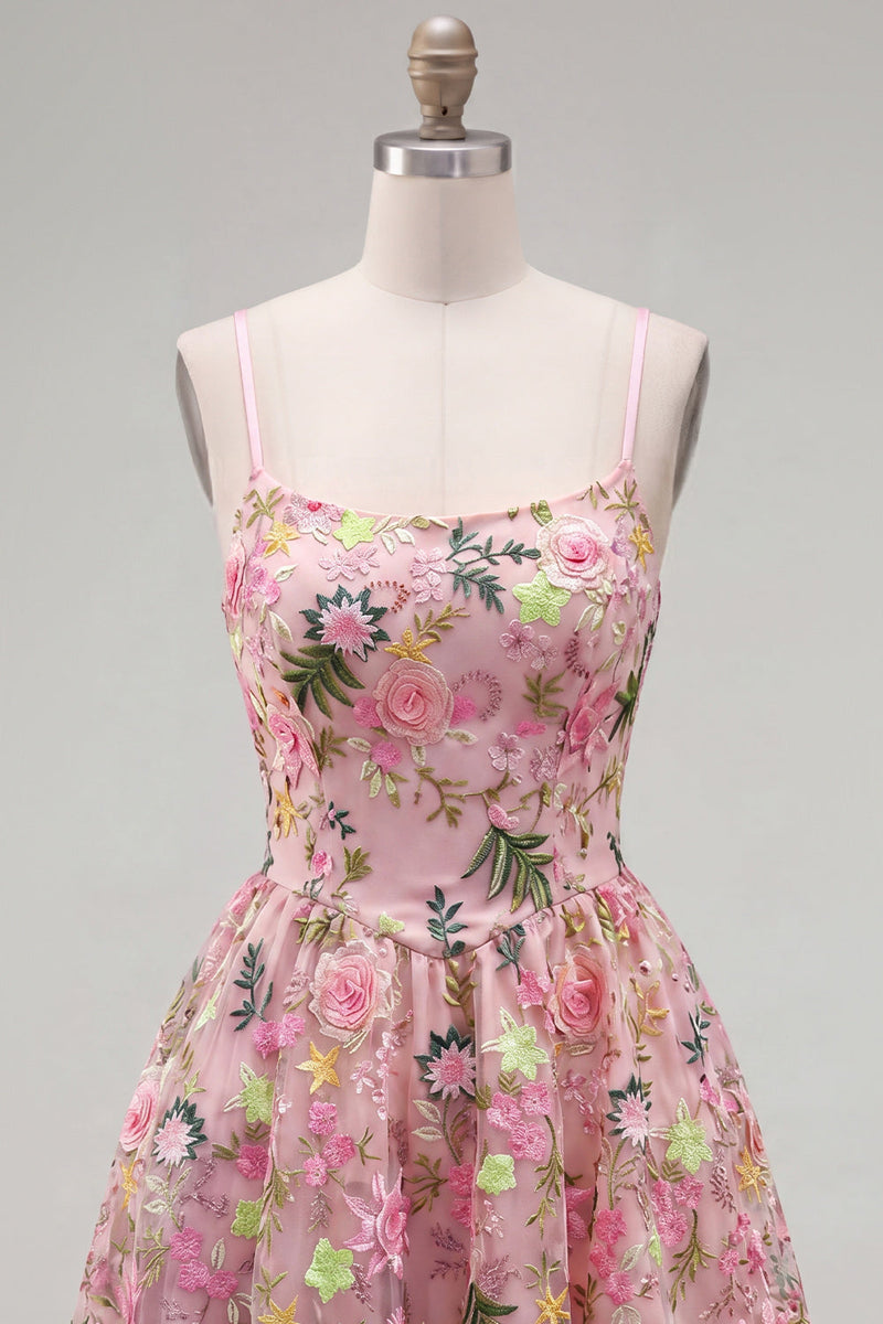 Load image into Gallery viewer, Floral Pink Short A Line Spaghetti Straps Birthday Party Dress with Pockets