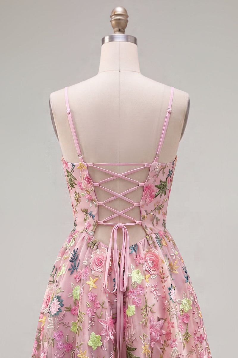 Load image into Gallery viewer, Floral Pink Short A Line Spaghetti Straps Birthday Party Dress with Pockets