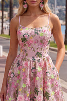 Load image into Gallery viewer, Floral Pink Short A Line Spaghetti Straps Birthday Party Dress with Pockets