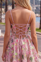 Load image into Gallery viewer, Floral Pink Short A Line Spaghetti Straps Birthday Party Dress with Pockets